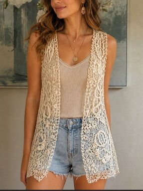 Mind Code Crochet Open Front Vest in Cream